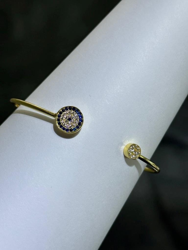 LIV 18k Yellow Gold Sterling Silver Blue Sapphire Evil Eye Halo Cuff Bangle Bracelet