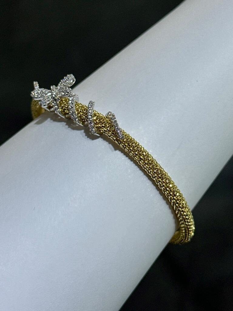 LIV 18k Yellow Gold Sterling Silver White Sapphire Butterfly Mesh Bangle Bracelet 7"