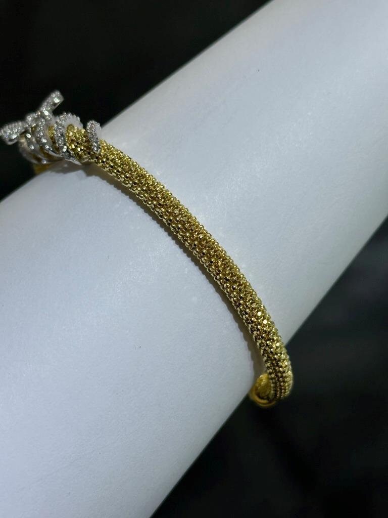 LIV 18k Yellow Gold Sterling Silver White Sapphire Butterfly Mesh Bangle Bracelet 7"