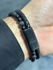 LIV Black Braided Leather Men's Black Onyx Lava Bead Stone Stainless Steel Bracelet