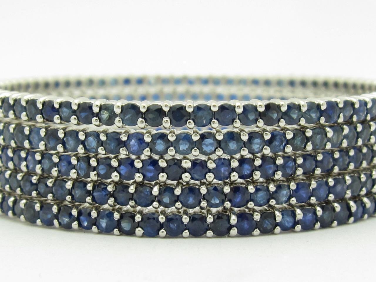 LIV 5 x 18k White Gold Natural Blue Sapphires Eternity Bangle Bracelets 83.2 Grams