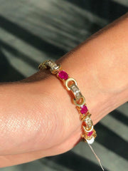 LIV 14k Yellow Gold & Diamonds Natural Red Ruby Oval Design Tennis Bracelet 7" L