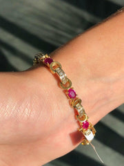 LIV 14k Yellow Gold & Diamonds Natural Red Ruby Oval Design Tennis Bracelet 7" L