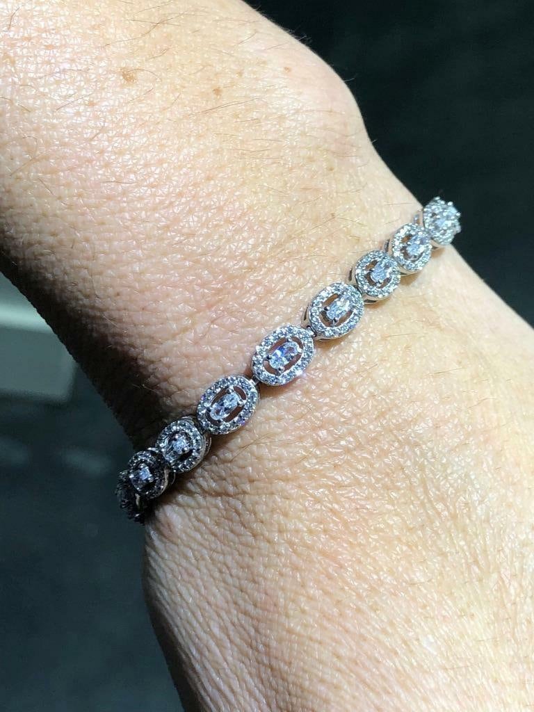 LIV Platinum Sterling Silver White Sapphire Oval Halo Baguette Tennis Bracelet 7" L