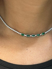 LIV 14k White Gold Natural Green Emeralds & Diamonds Unique Choker Tennis Necklace