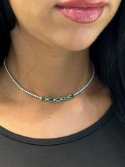 LIV 14k White Gold Natural Green Emeralds & Diamonds Unique Choker Tennis Necklace