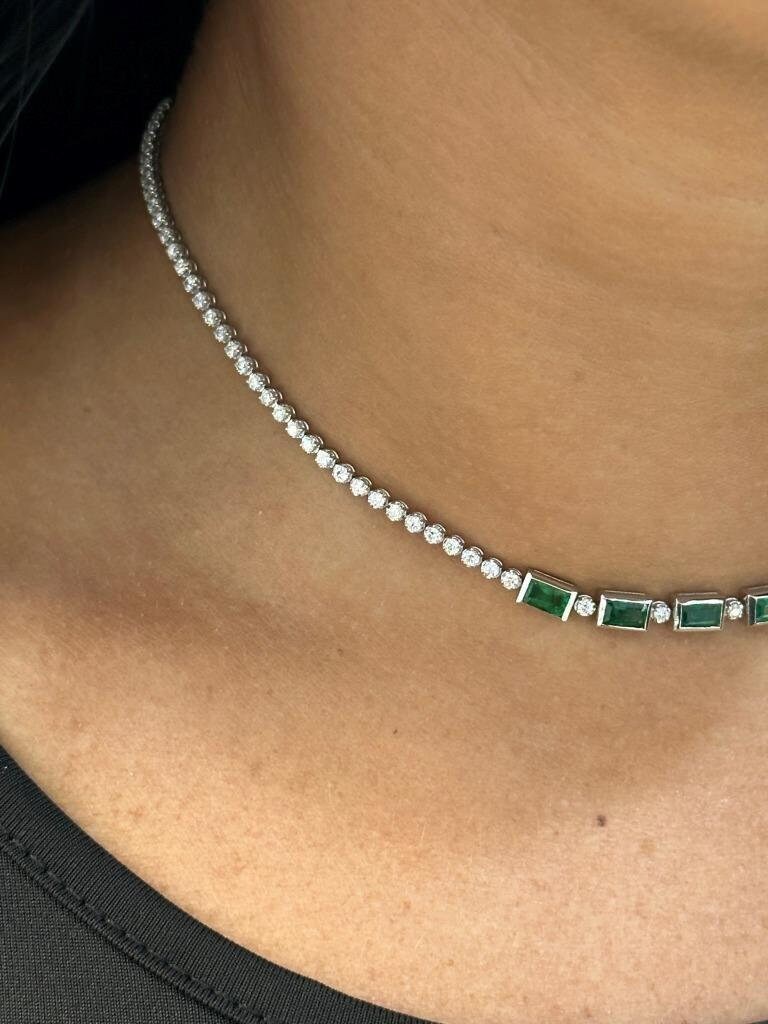 LIV 14k White Gold Natural Green Emeralds & Diamonds Unique Choker Tennis Necklace
