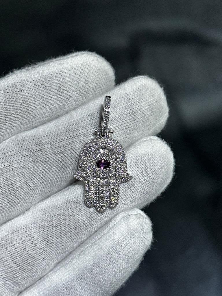 LIV 14k White Gold Natural VS1 Diamonds 1.76ct & Marquise Red Ruby Hamsa Pendant