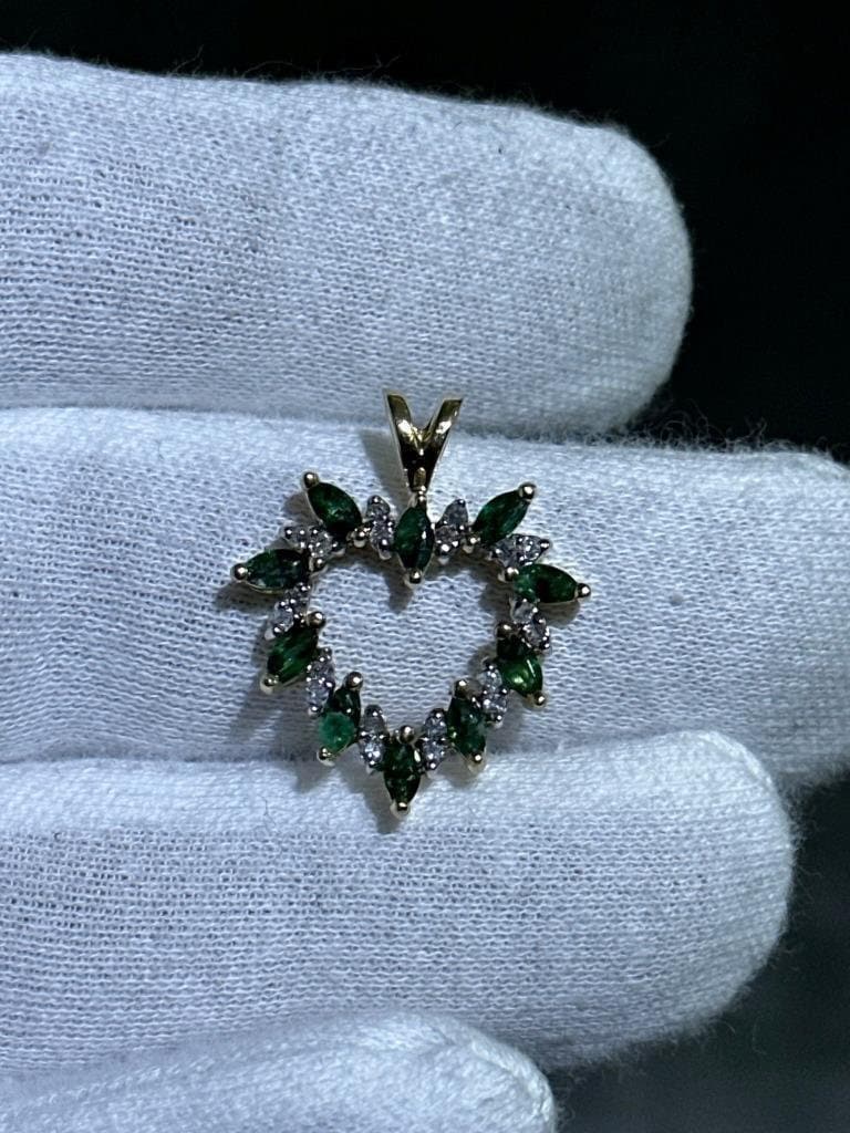 LIV 14k Yellow Gold Natural Diamonds & Green Emeralds Open Heart Design Pendant Gift