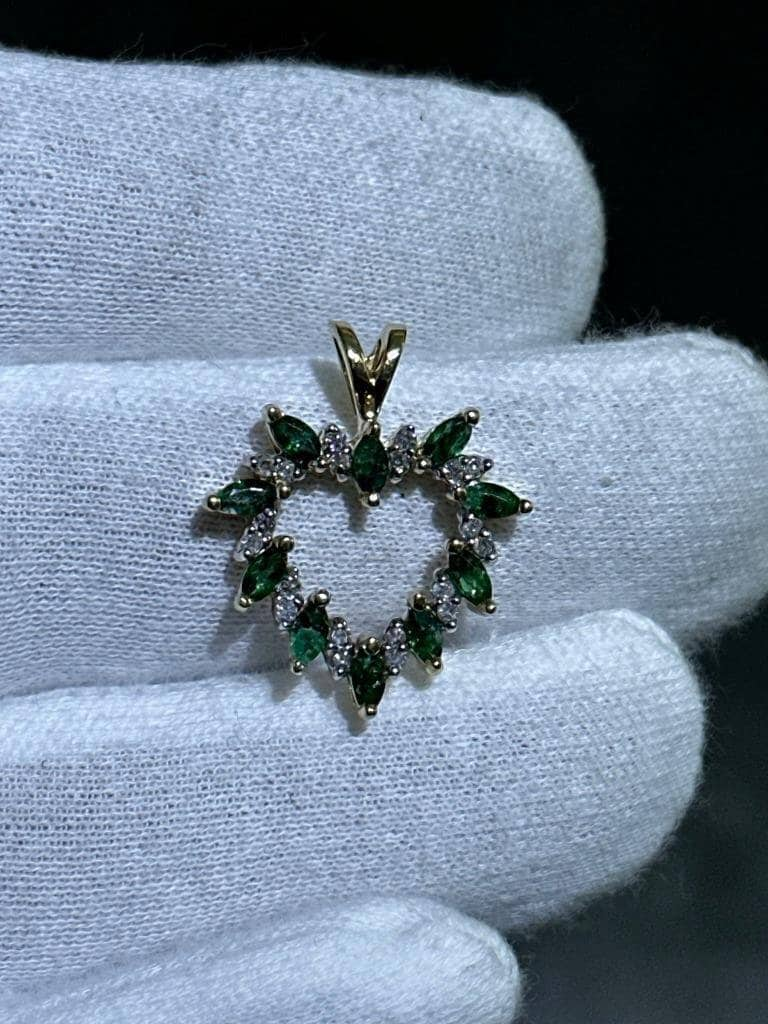 LIV 14k Yellow Gold Natural Diamonds & Green Emeralds Open Heart Design Pendant Gift