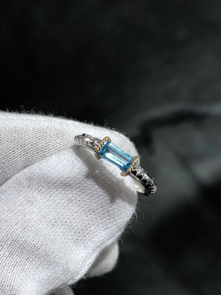 LIV 18k Yellow Gold & Sterling Silver Blue Topaz Emerald Cut Spike Design Band Ring