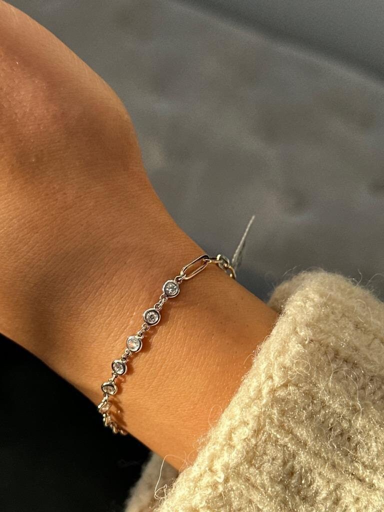 LIV 14k Yellow Gold Natural White Diamonds Paper Link Unique Halo Tennis Bracelet 7"