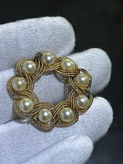 LIV 14k Yellow Gold Vintage Pearl Cable Design Halo Hand Made Brooch Pin 9.2 Gr Gift