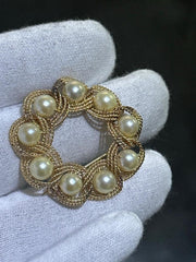 LIV 14k Yellow Gold Vintage Pearl Cable Design Halo Hand Made Brooch Pin 9.2 Gr Gift