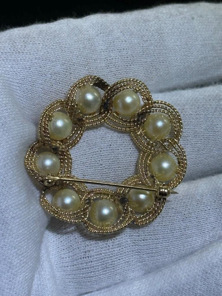 LIV 14k Yellow Gold Vintage Pearl Cable Design Halo Hand Made Brooch Pin 9.2 Gr Gift