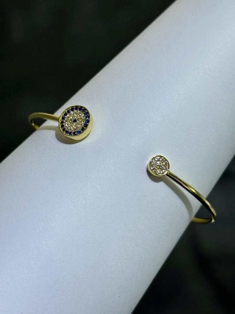 LIV 18k Yellow Gold Sterling Silver Blue Sapphire Evil Eye Halo Cuff Bangle Bracelet