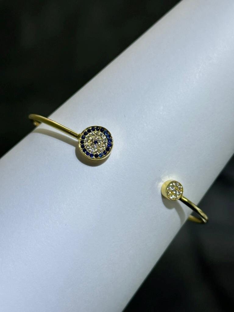 LIV 18k Yellow Gold Sterling Silver Blue Sapphire Evil Eye Halo Cuff Bangle Bracelet