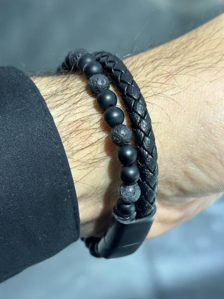 LIV Black Braided Leather Men's Black Onyx Lava Bead Stone Stainless Steel Bracelet