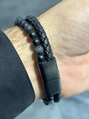 LIV Black Braided Leather Men's Black Onyx Lava Bead Stone Stainless Steel Bracelet