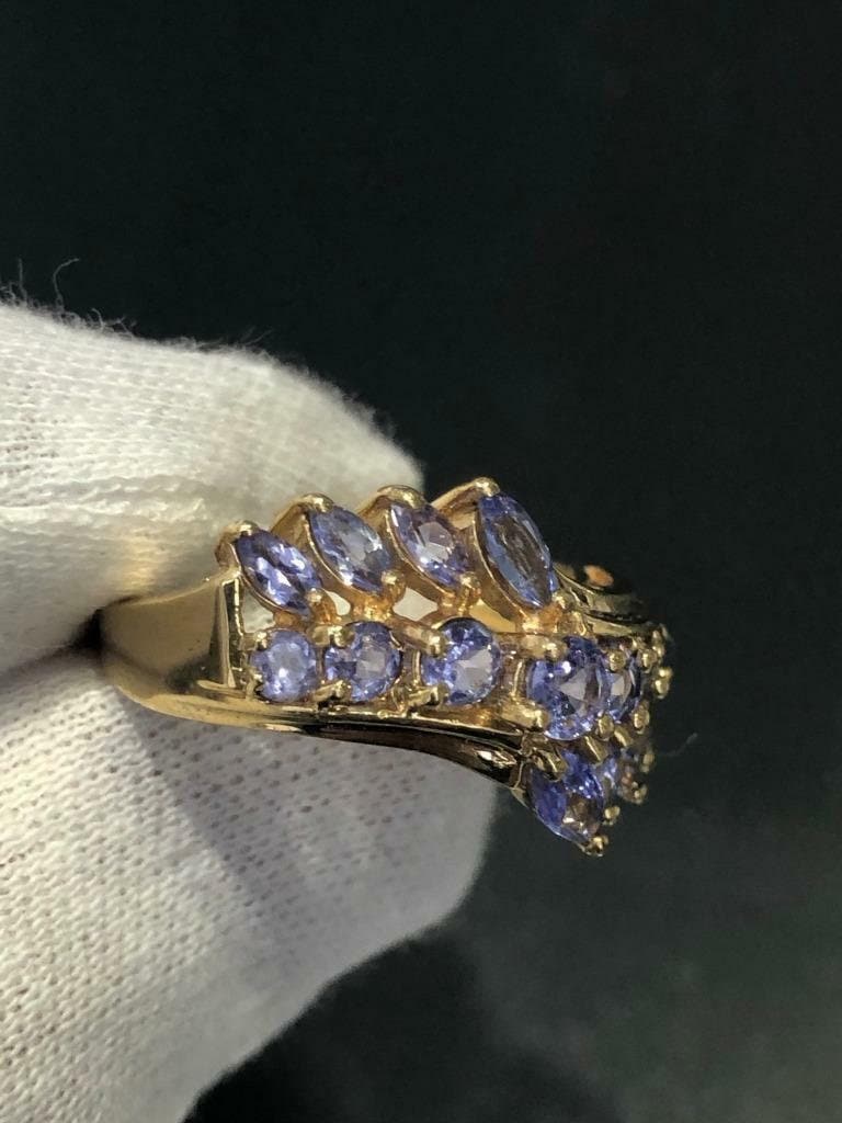 LIV 10k Yellow Gold & Genuine Tanzanite Marquise Cut Wide Cluster Band Ring Size 8