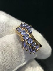 LIV 10k Yellow Gold & Genuine Tanzanite Marquise Cut Wide Cluster Band Ring Size 8