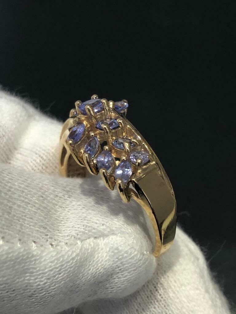 LIV 10k Yellow Gold & Genuine Tanzanite Marquise Cut Wide Cluster Band Ring Size 8