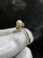 LIV 14k Yellow Gold & Diamonds Pearl Solitaire Halo Design Band Ring Size 6.25 Gift