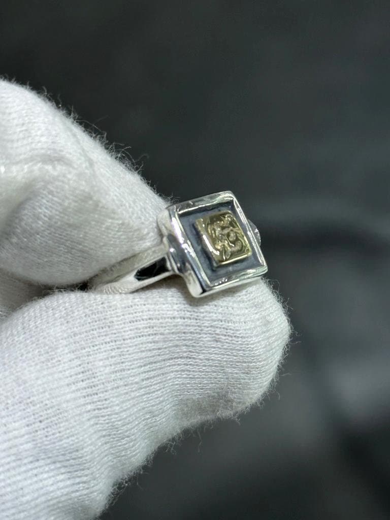 LIV Sterling Silver & 14k Solid Yellow Gold Hand Made Vintage Zodiac Design Ring Sz6