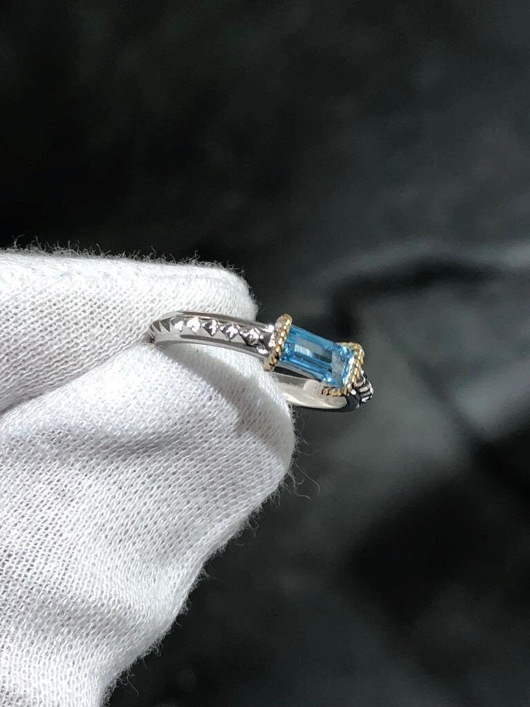 LIV 18k Yellow Gold & Sterling Silver Blue Topaz Emerald Cut Spike Design Band Ring