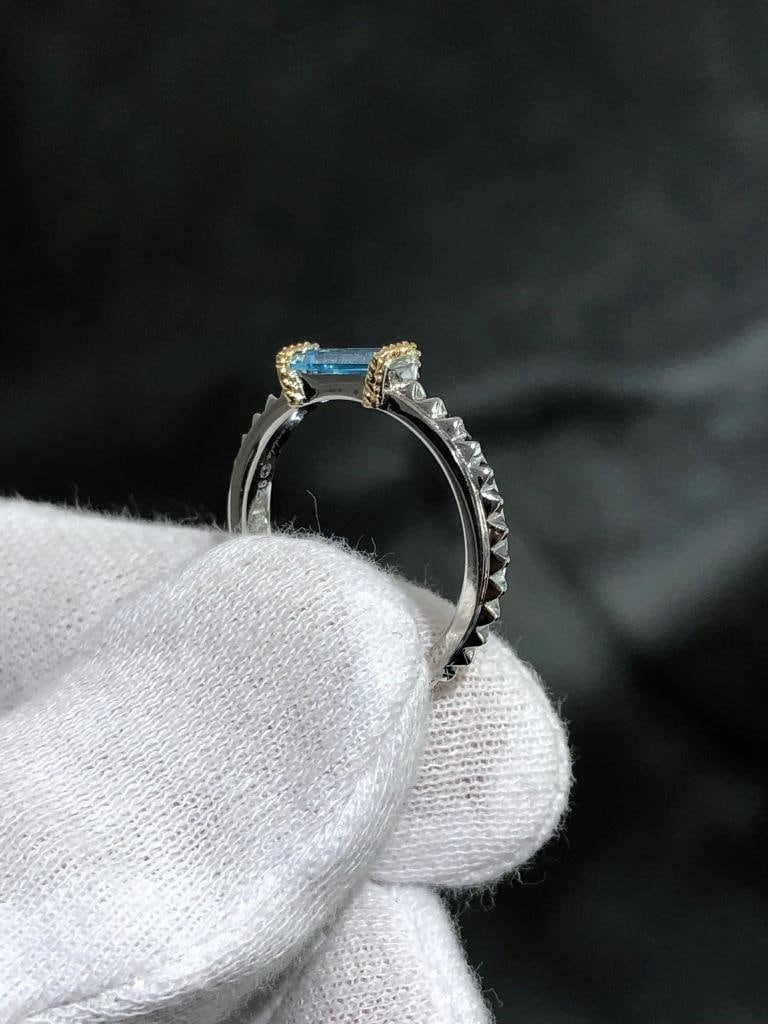 LIV 18k Yellow Gold & Sterling Silver Blue Topaz Emerald Cut Spike Design Band Ring