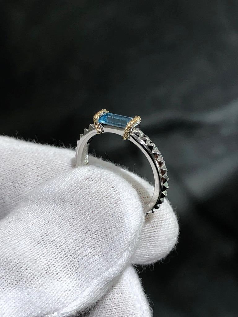 LIV 18k Yellow Gold & Sterling Silver Blue Topaz Emerald Cut Spike Design Band Ring