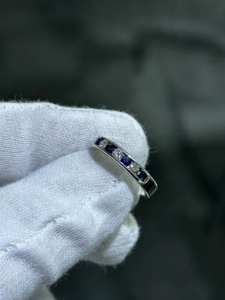 LIV 14k White Gold Diamonds & Blue Sapphire Alternating Wedding Band Ring Sz 5 Gift