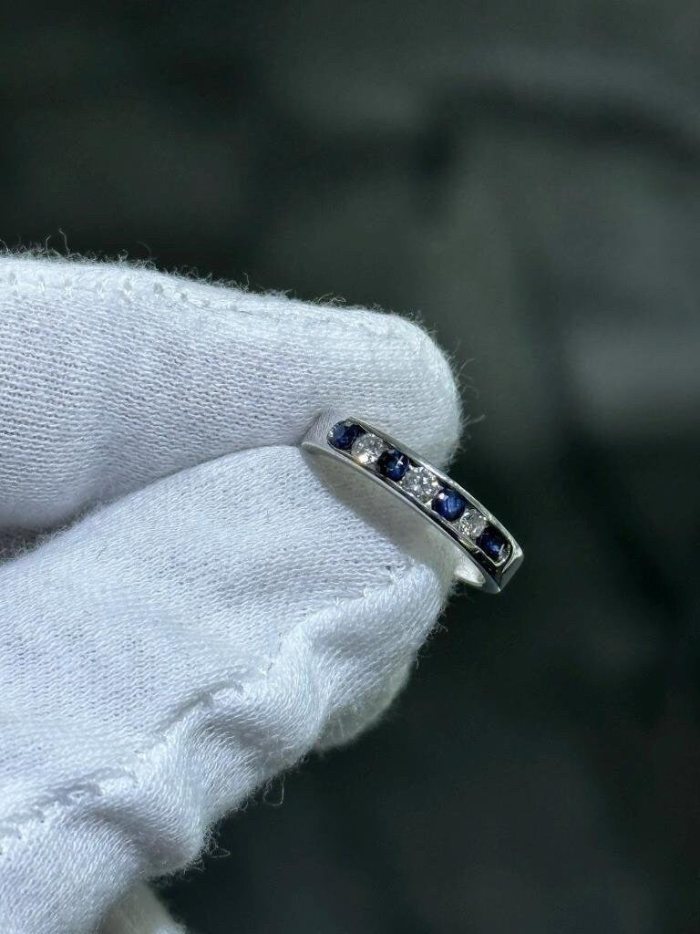 LIV 14k White Gold Diamonds & Blue Sapphire Alternating Wedding Band Ring Sz 5 Gift